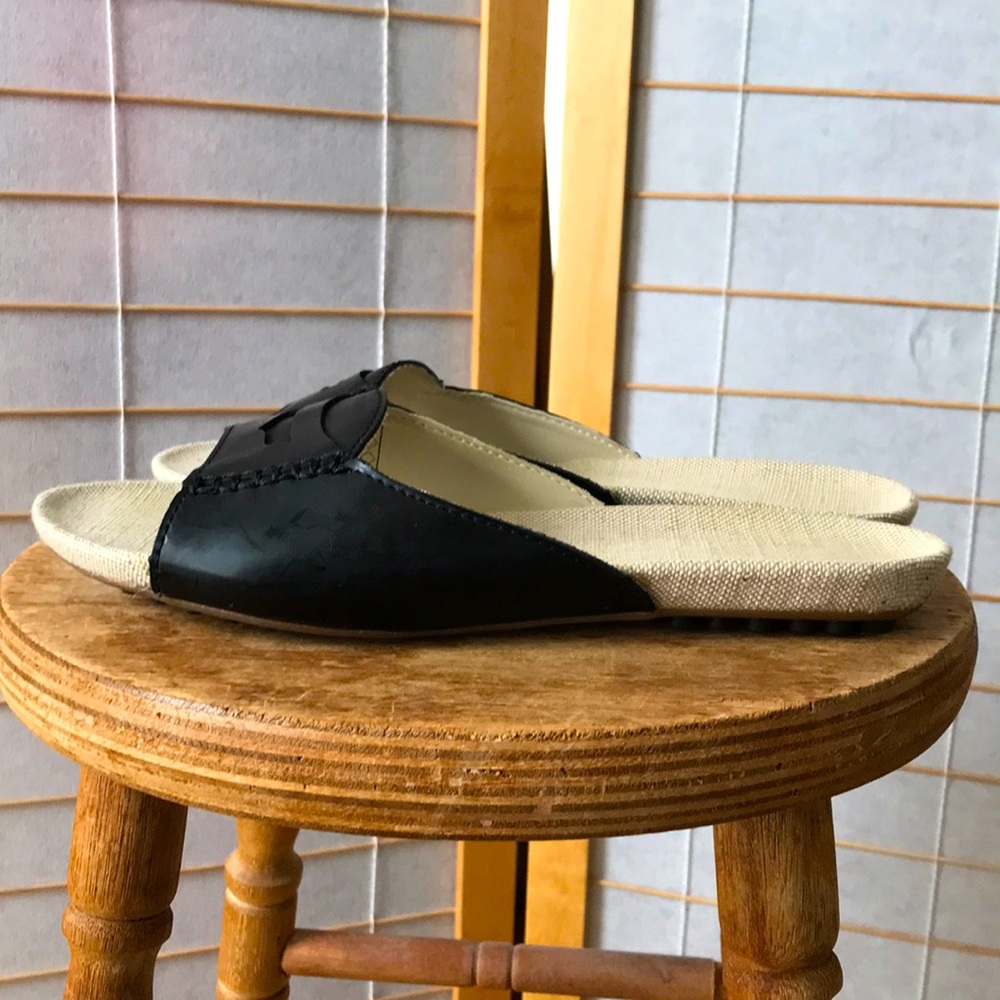 Lands End mules sz 7 black leather canvas footbed rubber sole loafer look Summer - Picture 1 of 10